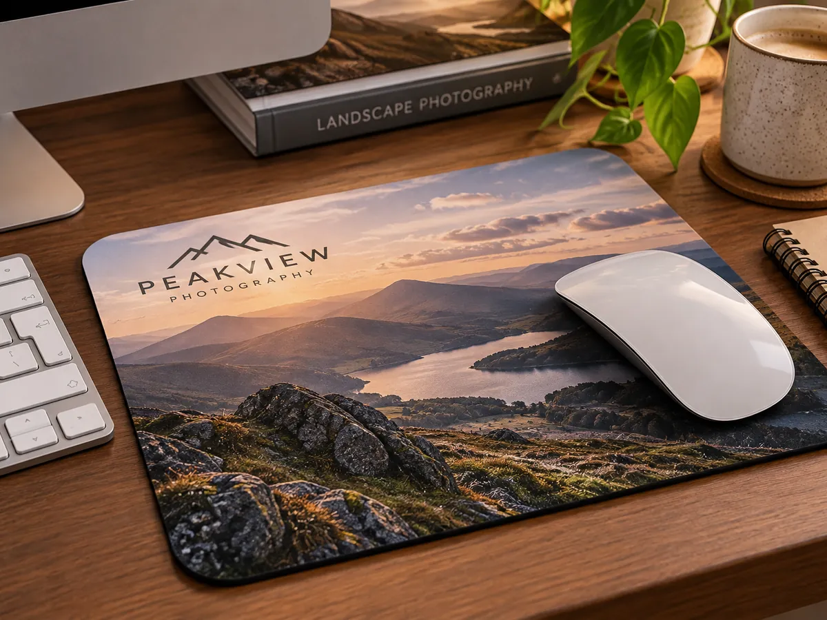 Printed landscape photo mouse mat on a desk