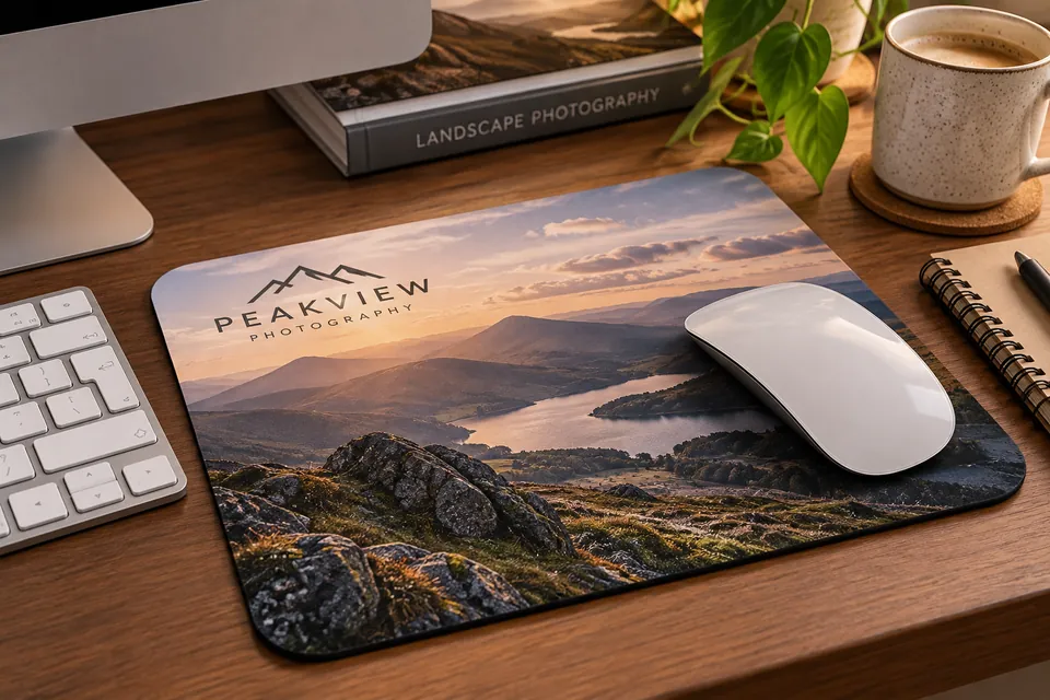 Printed landscape photo mouse mat on a desk