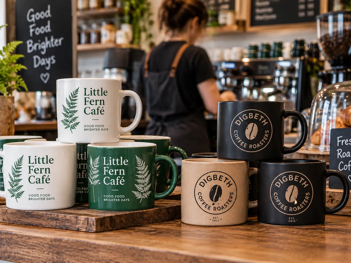 Printed café and coffee roaster mugs on a café counter