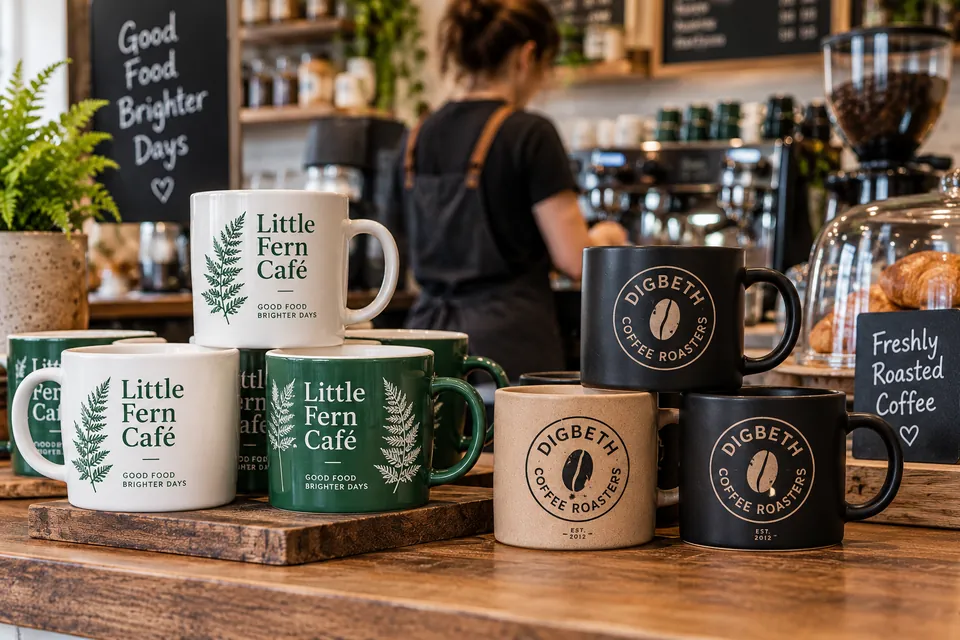 Printed café and coffee roaster mugs on a café counter
