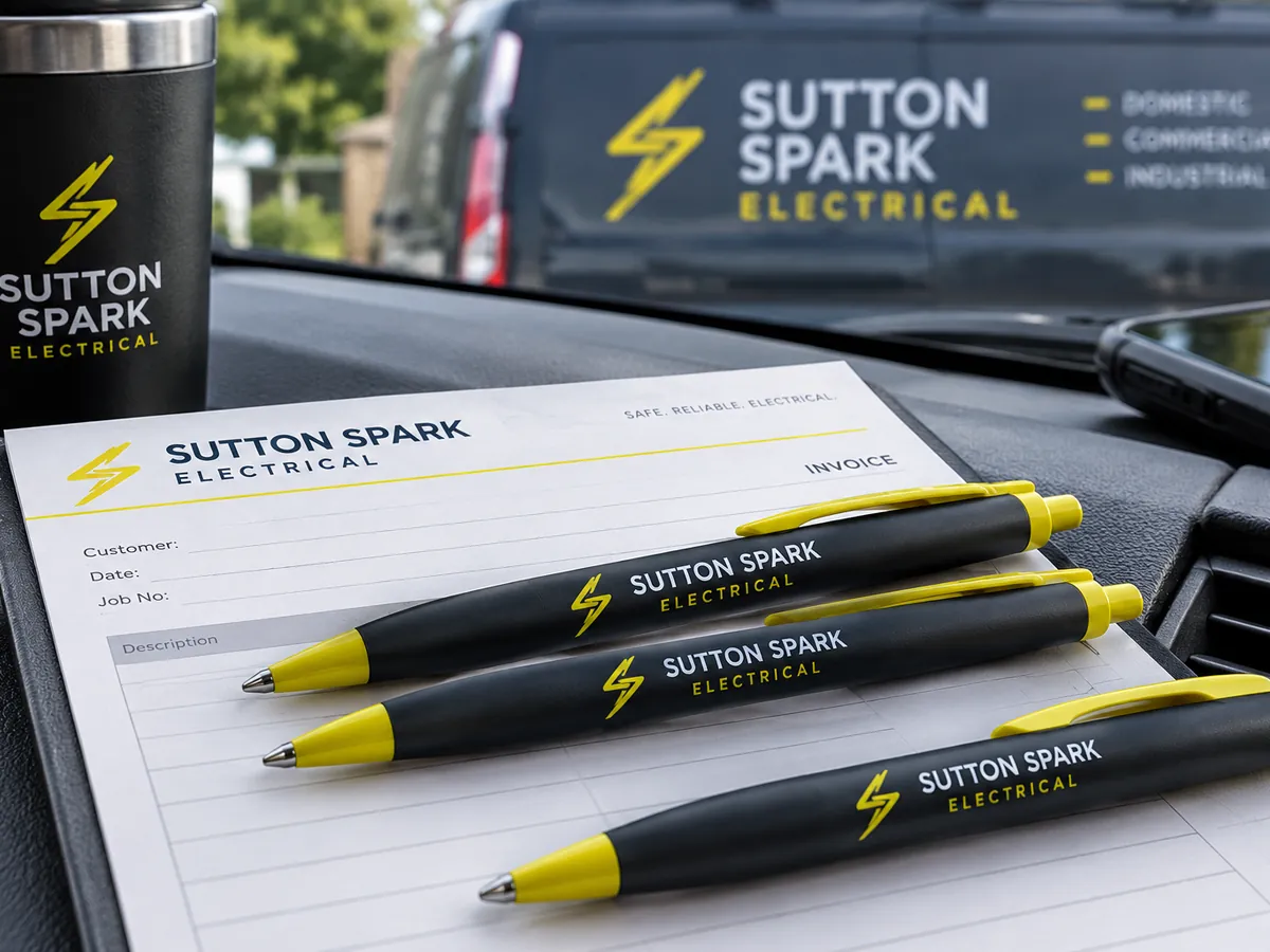 Branded pens on a job sheet on a van dashboard