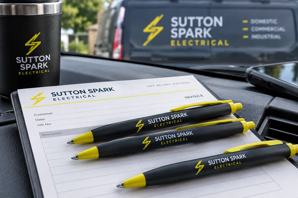 Branded pens on a job sheet on a van dashboard