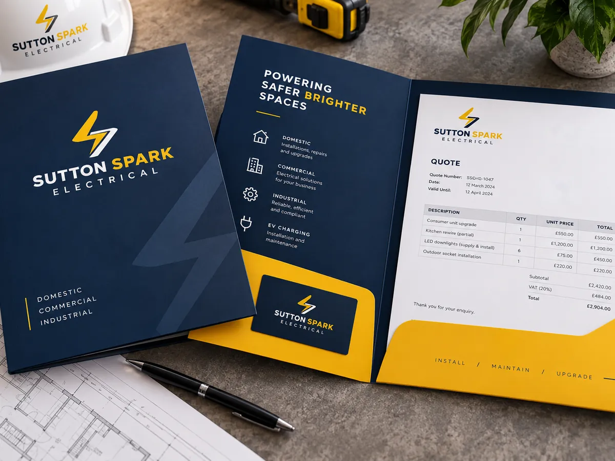 Printed presentation folders with a business card slot and quote inside