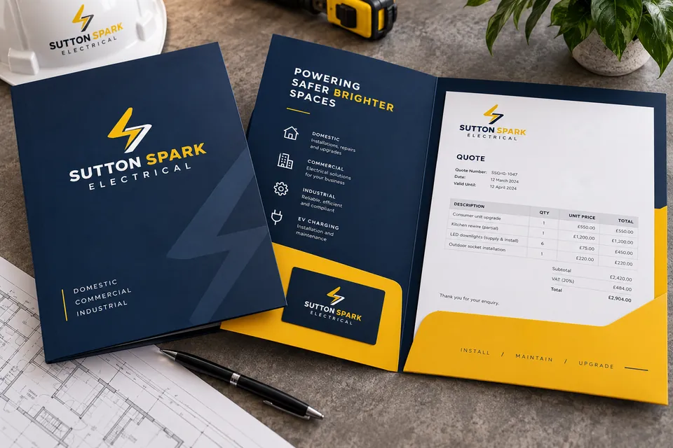 Printed presentation folders with a business card slot and quote inside