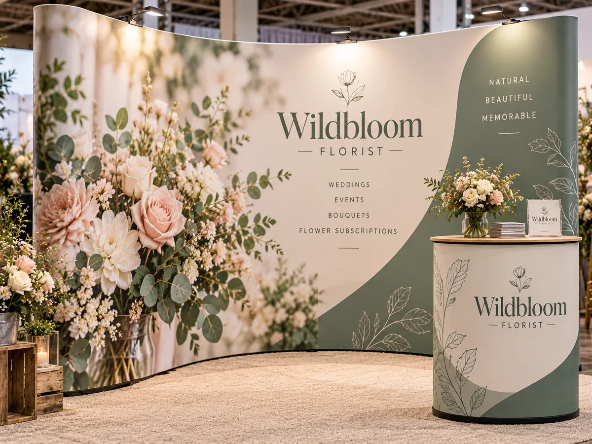 Curved printed fabric display wall and counter for a florist at a wedding fair