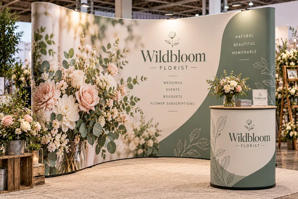 Curved printed fabric display wall and counter for a florist at a wedding fair