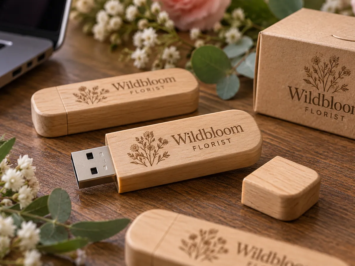 Engraved wooden USB sticks with a matching gift box