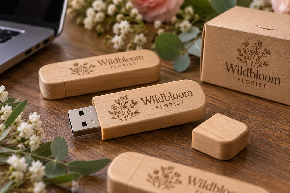 Engraved wooden USB sticks with a matching gift box