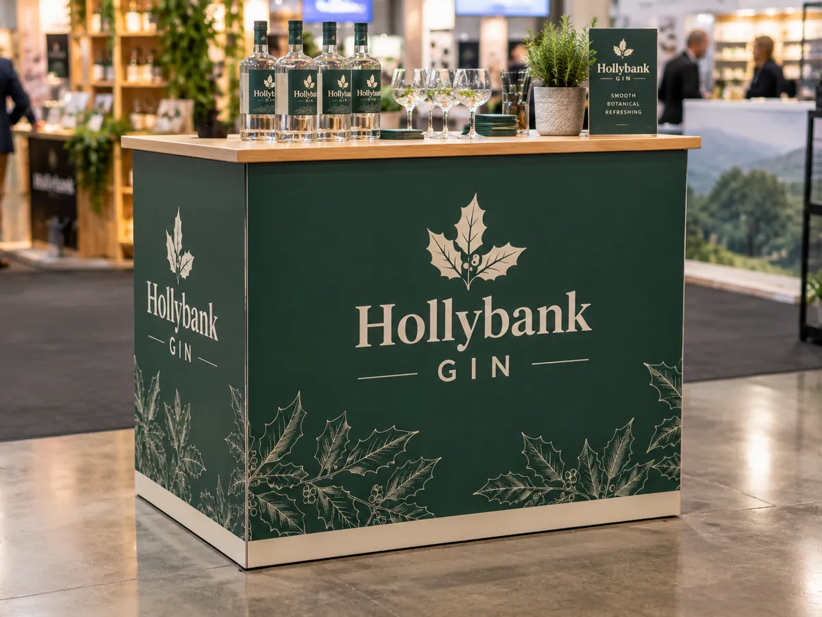 Printed square exhibition counter with a wooden top for a gin brand at a trade show