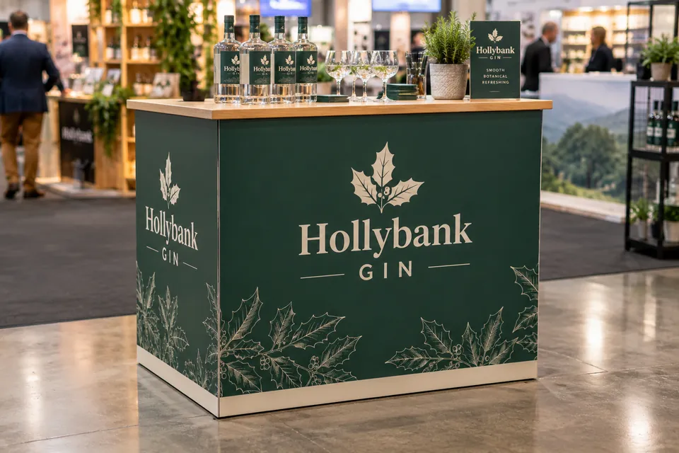 Printed square exhibition counter with a wooden top for a gin brand at a trade show