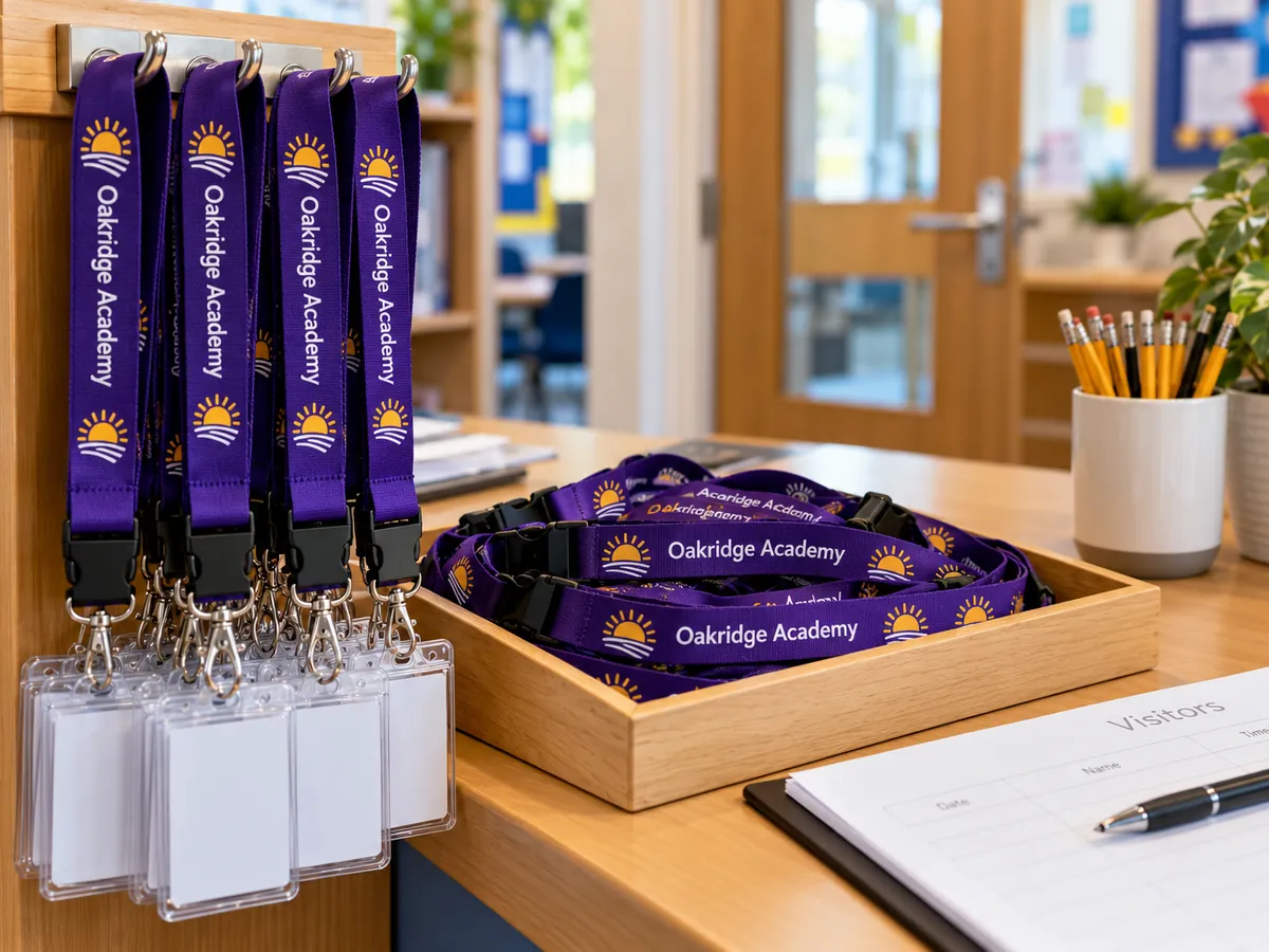 Printed purple school lanyards with ID card holders on a reception desk