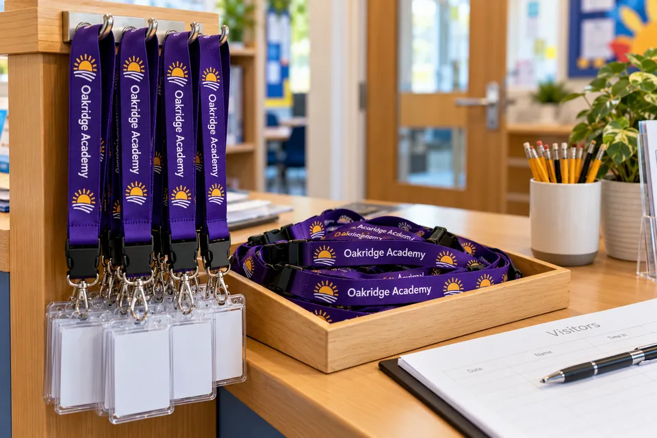 Printed purple school lanyards with ID card holders on a reception desk