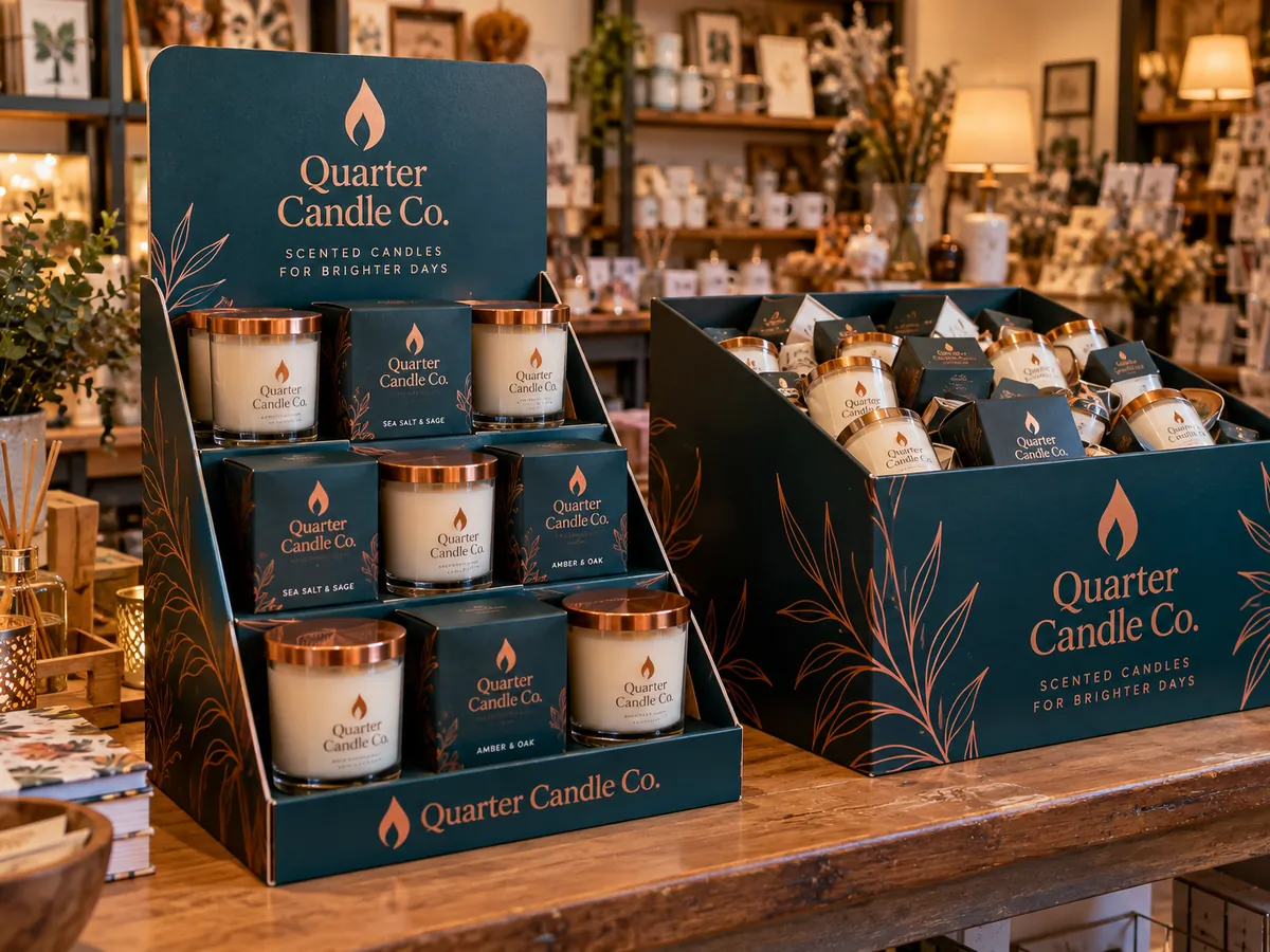 Printed cardboard counter display and dump bin holding scented candles in a gift shop