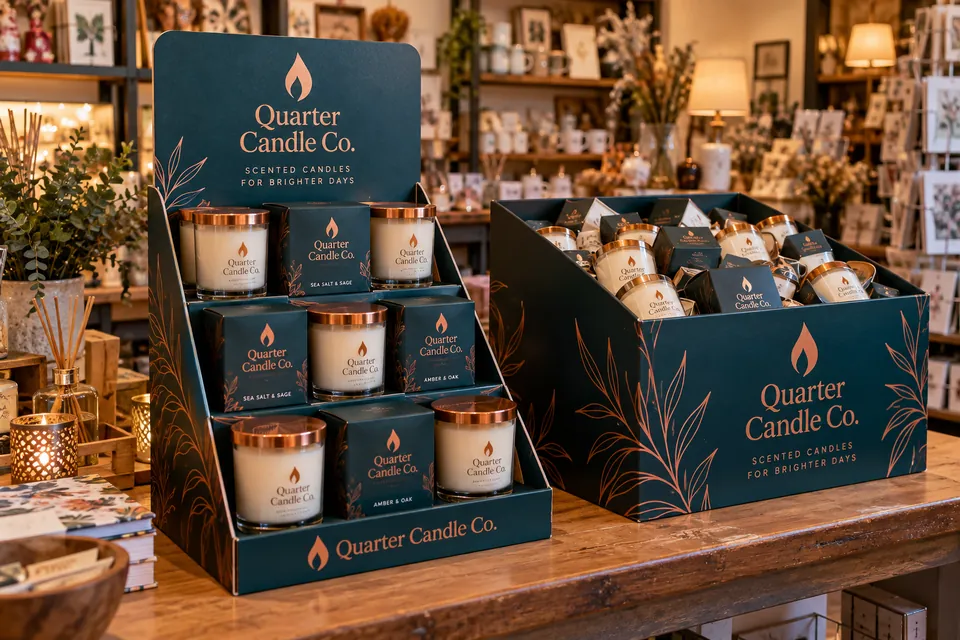 Printed cardboard counter display and dump bin holding scented candles in a gift shop